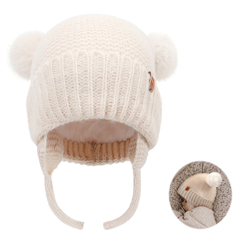 Infant Beanie Hat With Ears - Baby Wollen Muts Leuke Haarbal Gehoorbescherming