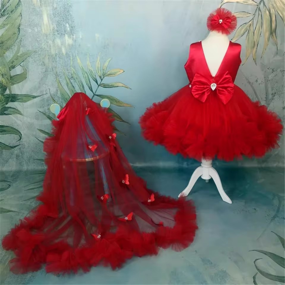 Toddler Girl Tulle Party Dress - Aangepaste rode bloemenmeisjesjurken voor bruiloft Tule