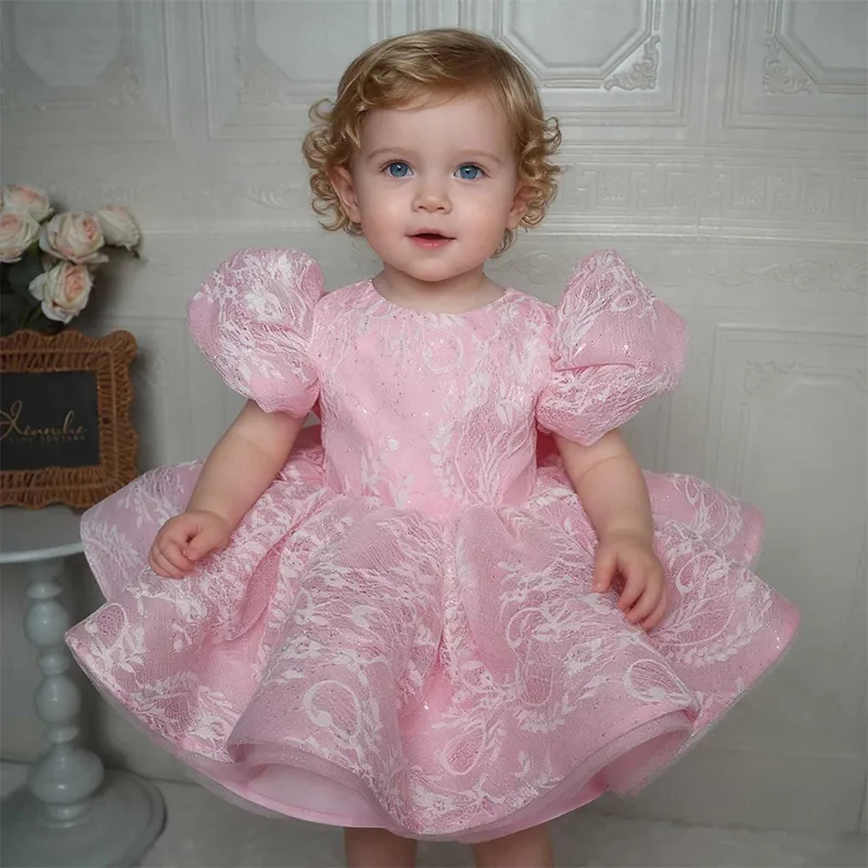 Toddler Girl Tulle Party Dress - Elegante roze glitterkant peuterjurk bladerdeeg tule