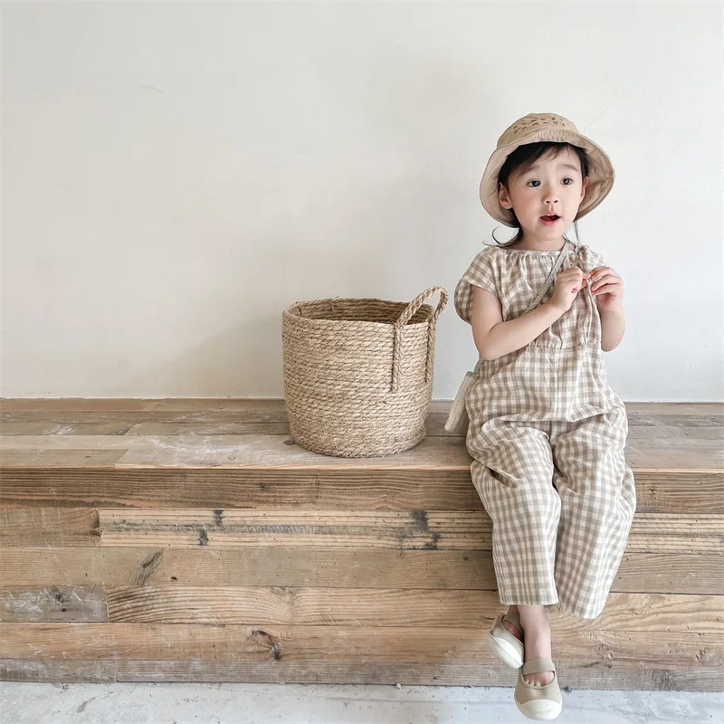Baby Summer Linen Sleeveless Jumpsuit - Baby Meisjes Geruite Overalls Kinderen Mouwloze