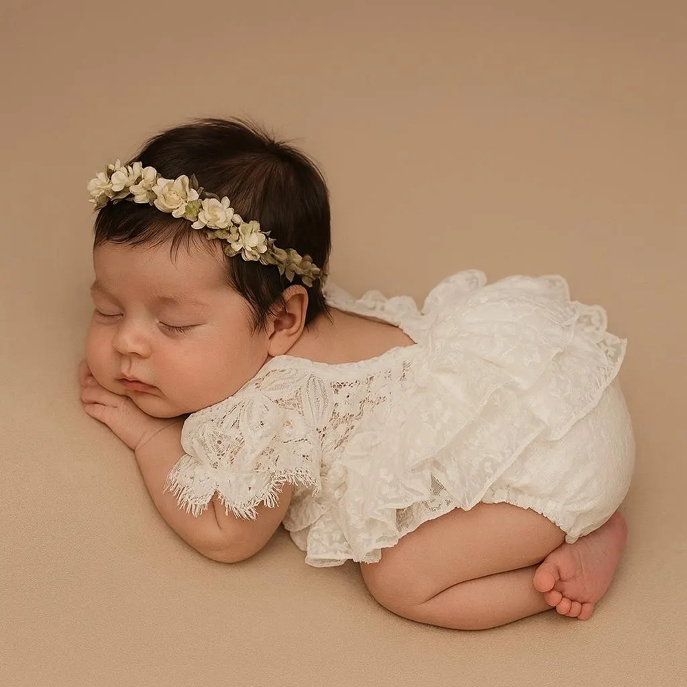 Newborn Baby Girl Romper Floral - Pasgeboren fotografie-outfit meisje wit kant off-shoulder