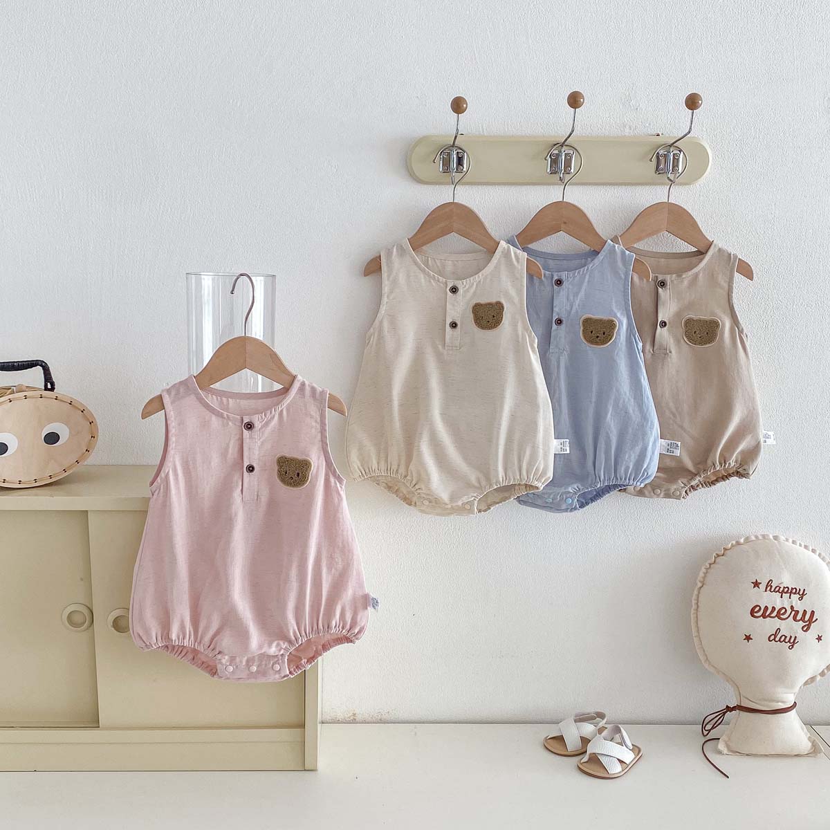 Baby Summer Linen Sleeveless Jumpsuit - Baby Summer Bear dunne mouwloze jumpsuit,