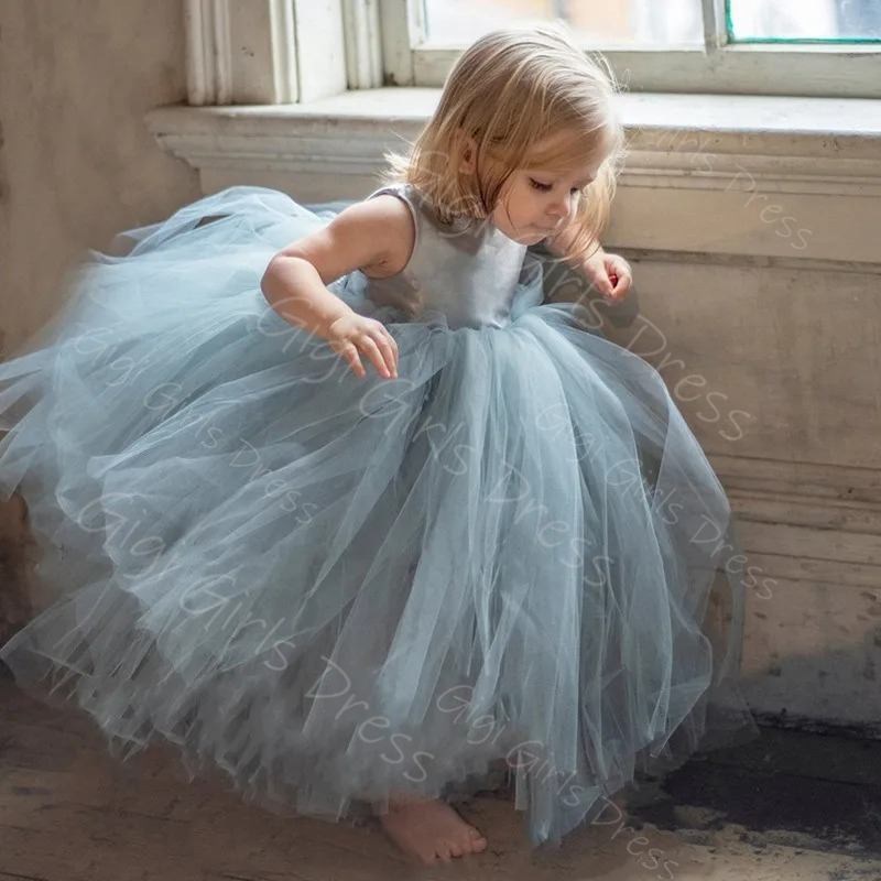 Toddler Girl Tulle Party Dress - Blauwe bloemenmeisje jurk voor bruiloft peuters