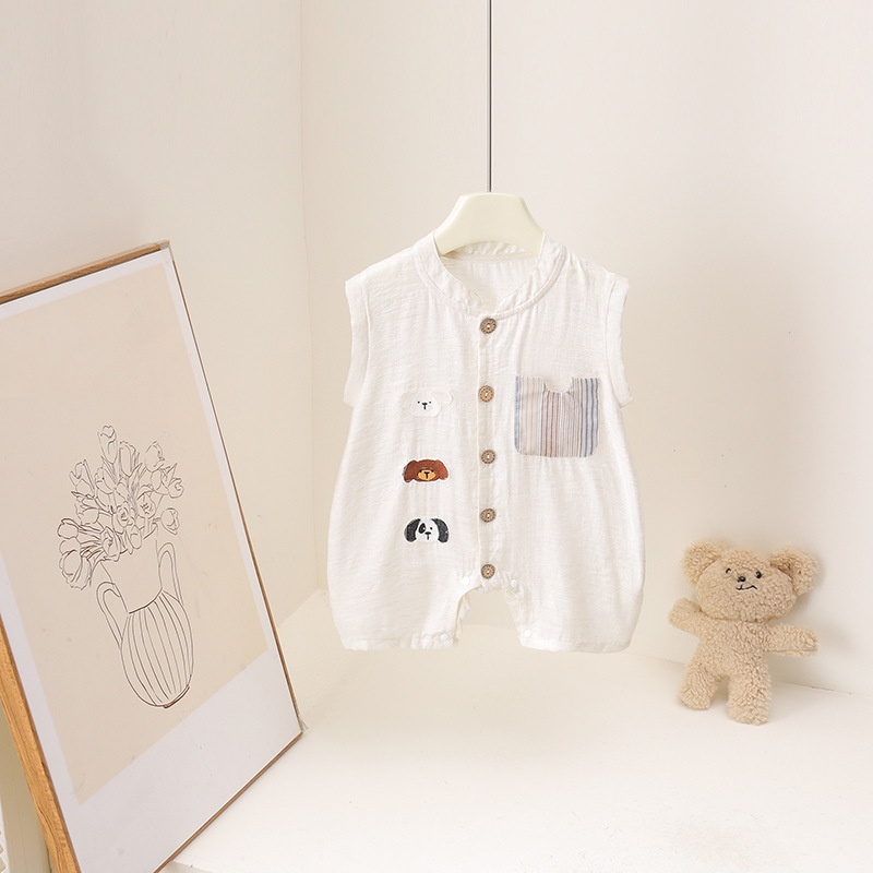 Baby Summer Linen Sleeveless Jumpsuit - Zomer 2026 Cartoon Beer Print 3M-3J