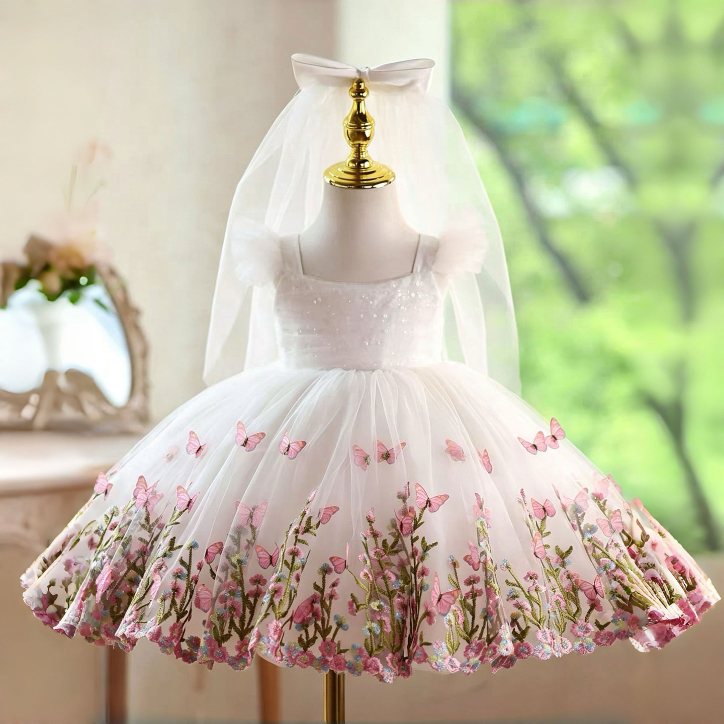 Toddler Girl Tulle Party Dress - Jill Wish D277 Witte vlinder geborduurde