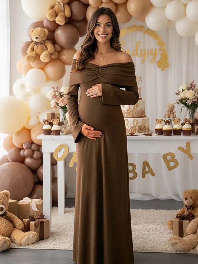 Maternity Wear - Herfst bruin zwangerschapsjurk fotoshoot off-shoulder lange