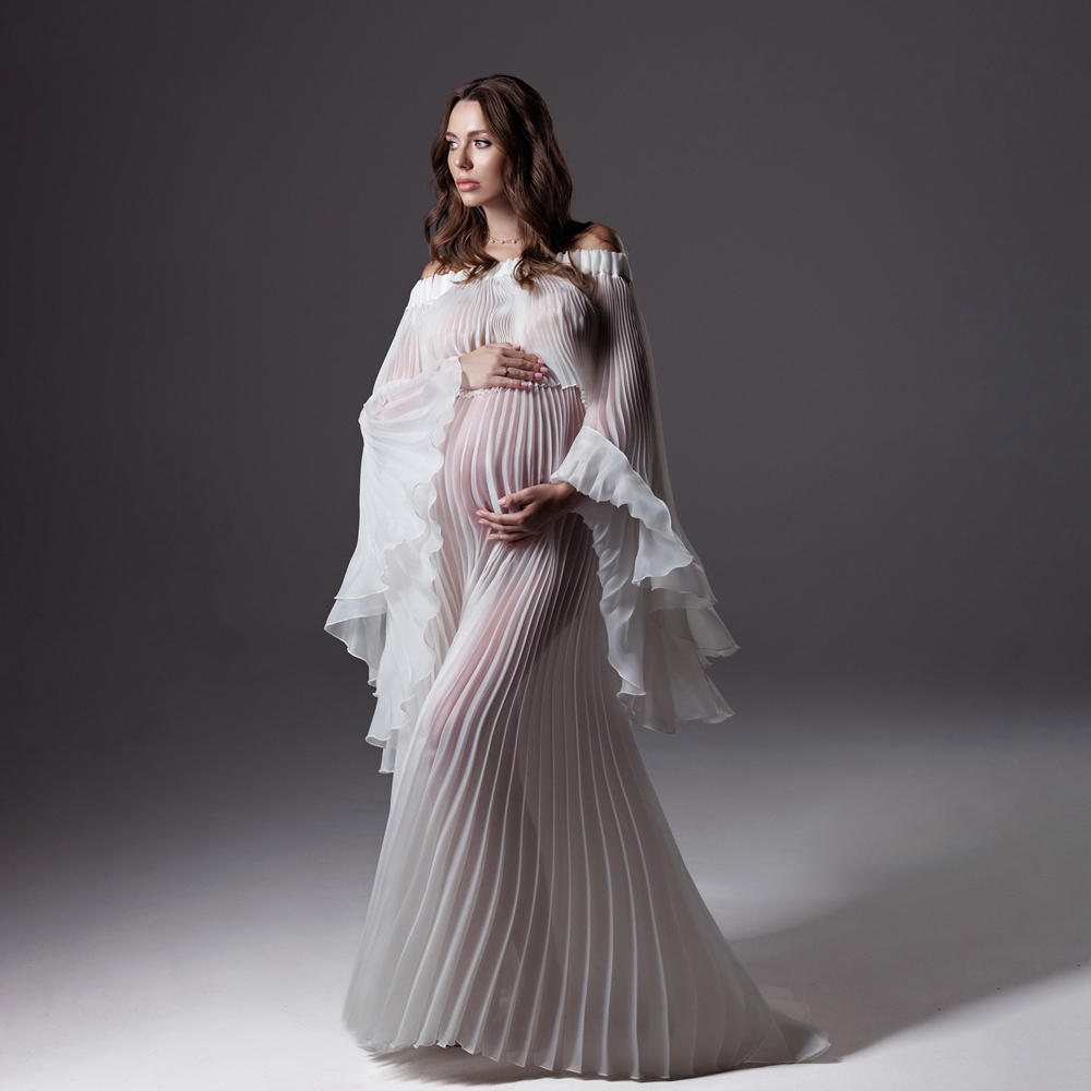 Maternity Wear - Geplooide zwangerschapsfotografiejurken Witte mesh-jurk voor fotoshoot