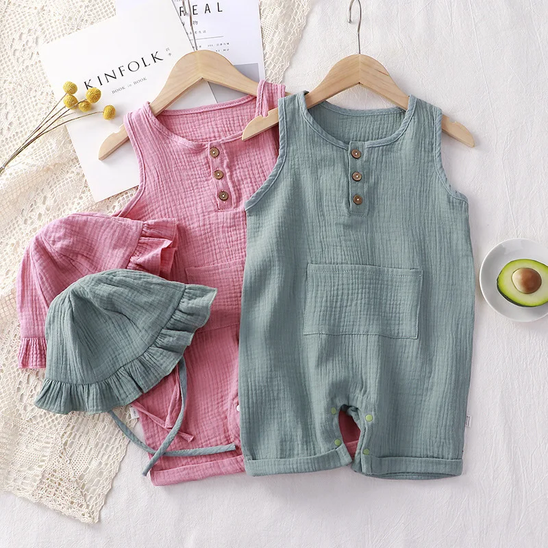 Baby Summer Linen Sleeveless Jumpsuit - 2 stks/set baby zomerkleding effen pasgeboren