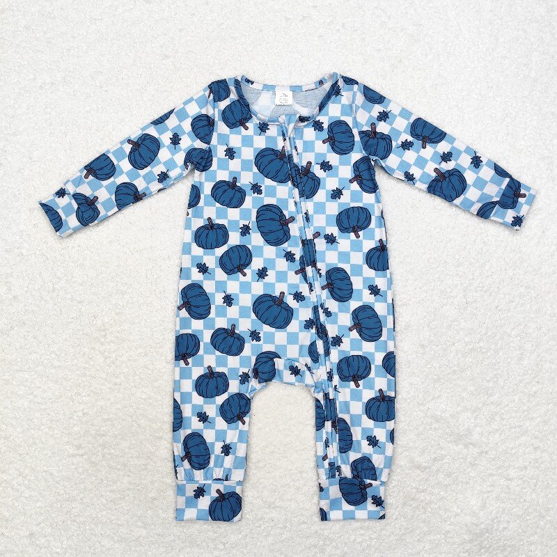 Cotton Baby Onesies Zipper - 8.21 Bamboe Fly Blue Pumpkin Leaf