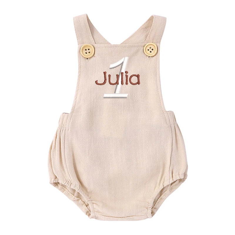 Baby Summer Linen Sleeveless Jumpsuit - Naam Geborduurde 1e Verjaardag Romper Gepersonaliseerde